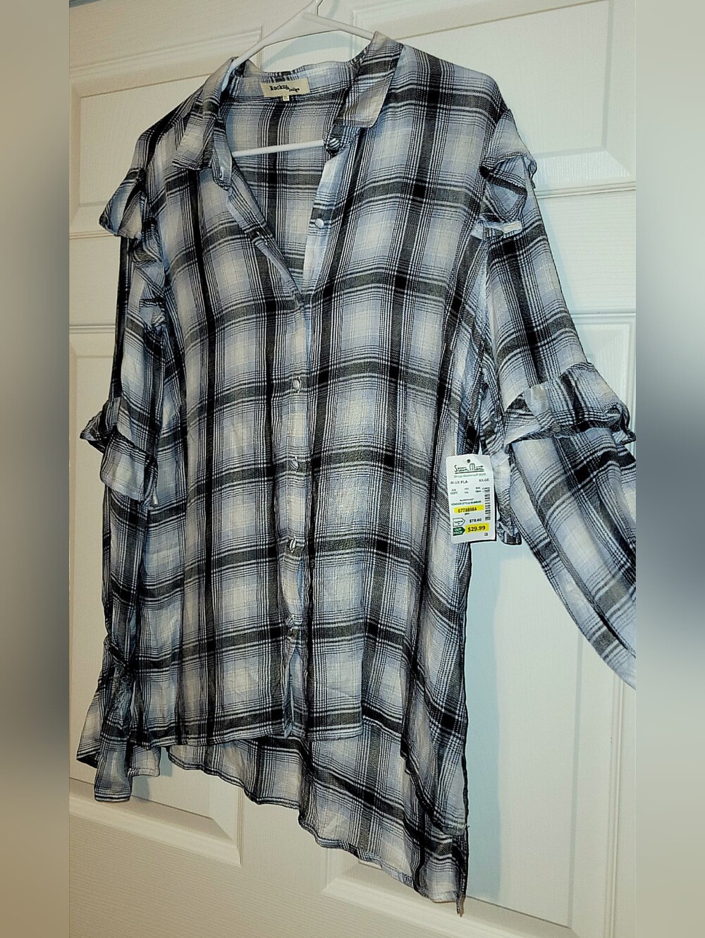 Plaid Button-Front Ruffle Sleeve Top - Picture 2 of 3